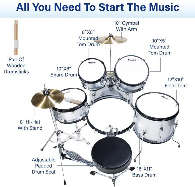 Alt view image 6 of 7 - 5 Piece 16 Inch Junior Drums Set - Metallic Silver | Drum Set with Bass, Toms, Snare Drum, Cymbal, Hi-Hat, Drumsticks & Adjustable Padded Seat for Beginner