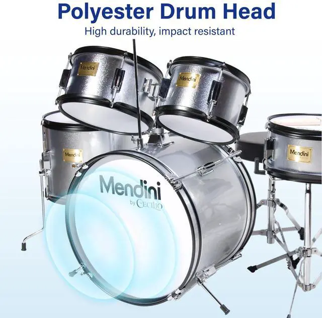 Alt view image 4 of 7 - 5 Piece 16 Inch Junior Drums Set - Metallic Silver | Drum Set with Bass, Toms, Snare Drum, Cymbal, Hi-Hat, Drumsticks & Adjustable Padded Seat for Beginner
