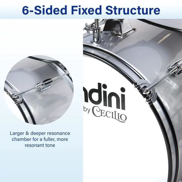 Alt view image 5 of 7 - 5 Piece 16 Inch Junior Drums Set - Metallic Silver | Drum Set with Bass, Toms, Snare Drum, Cymbal, Hi-Hat, Drumsticks & Adjustable Padded Seat for Beginner