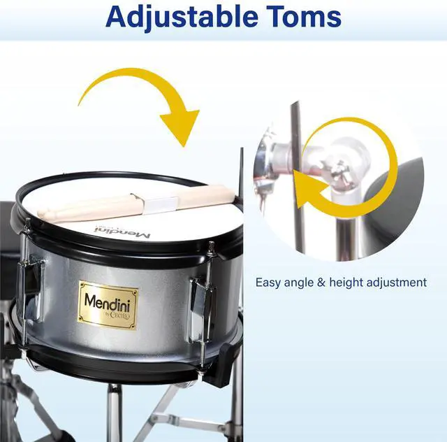 Alt view image 3 of 7 - 5 Piece 16 Inch Junior Drums Set - Metallic Silver | Drum Set with Bass, Toms, Snare Drum, Cymbal, Hi-Hat, Drumsticks & Adjustable Padded Seat for Beginner