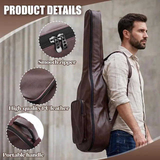 Alt view image 3 of 6 - Guitar Case Acoustic Bag Extra 0.8 in Thick Padding 40 41 42 in Guitar Waterproof PU Leather Hard Case Adjustable Shoulder Strap Sponge Hardshell Guitars Gig Bag 3 Layer Easy Clean, Brown