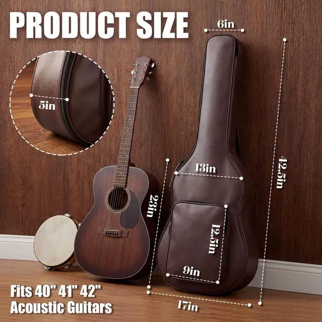 Alt view image 2 of 6 - Guitar Case Acoustic Bag Extra 0.8 in Thick Padding 40 41 42 in Guitar Waterproof PU Leather Hard Case Adjustable Shoulder Strap Sponge Hardshell Guitars Gig Bag 3 Layer Easy Clean, Brown