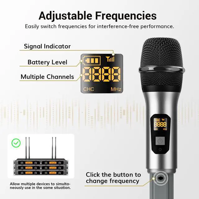 Alt view image 5 of 7 - Wireless Microphones System, 4x10 Channel UHF Wireless Mic, 4 Handheld Adjustable Frequency Metal Cordless Dynamic Mic, Multiset Operation, 90 m Ideal for Karaoke Singing Wedding Church, Silver