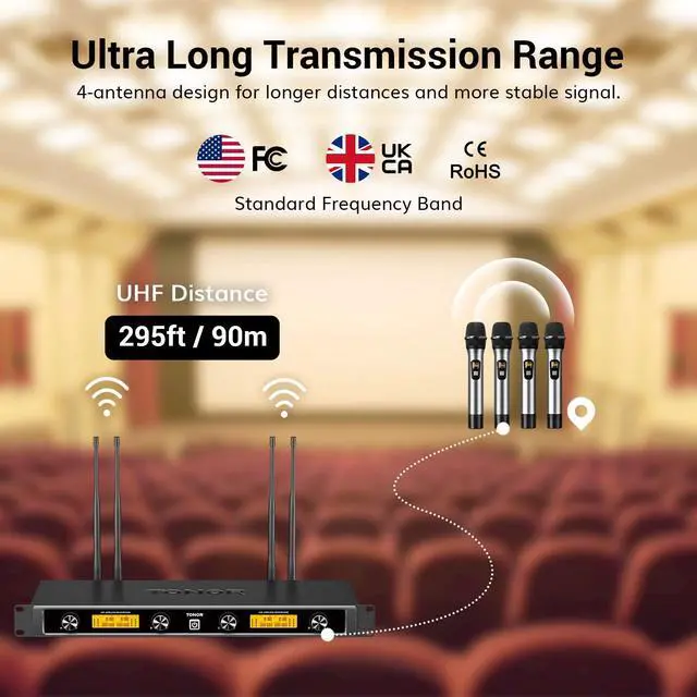 Alt view image 4 of 7 - Wireless Microphones System, 4x10 Channel UHF Wireless Mic, 4 Handheld Adjustable Frequency Metal Cordless Dynamic Mic, Multiset Operation, 90 m Ideal for Karaoke Singing Wedding Church, Silver