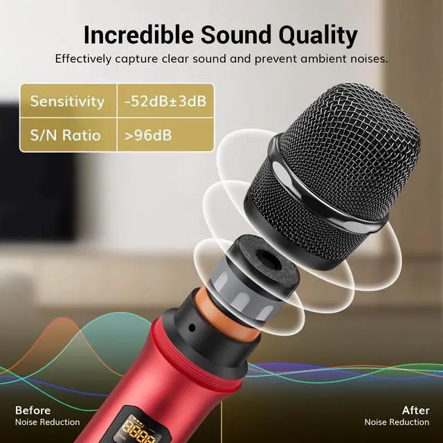 Alt view image 2 of 7 - Wireless Microphones System, 4*10 Channel Metal Professional UHF Cordless Dynamic Handheld Mics with Receiver for Home Karaoke, Meeting, Party, Church, Wedding,KTV, 90 m/295ft, TW-840 Silver&Red