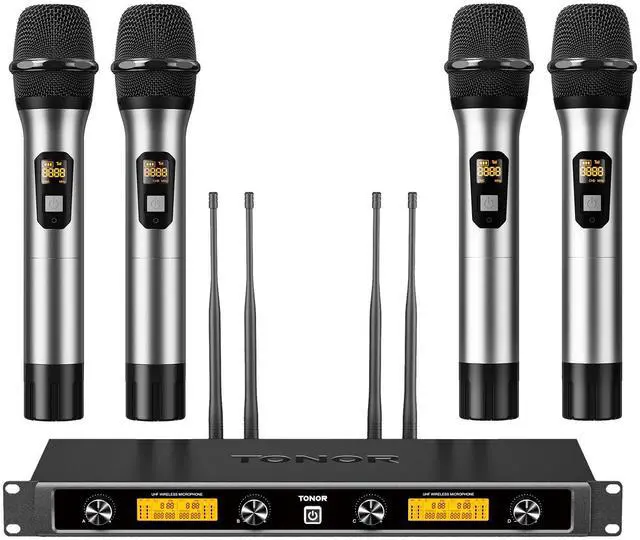 Main image of Wireless Microphones System, 4x10 Channel UHF Wireless Mic, 4 Handheld Adjustable Frequency Metal Cordless Dynamic Mic, Multiset Operation, 90 m Ideal for Karaoke Singing Wedding Church, Silver