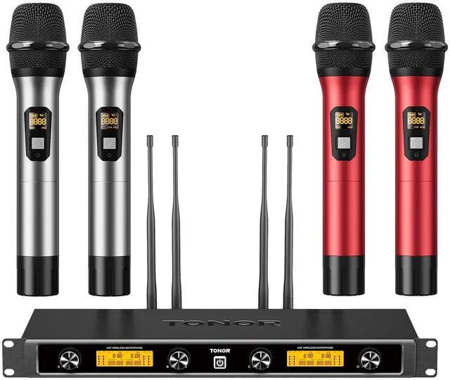 Main image of Wireless Microphones System, 4*10 Channel Metal Professional UHF Cordless Dynamic Handheld Mics with Receiver for Home Karaoke, Meeting, Party, Church, Wedding,KTV, 90 m/295ft, TW-840 Silver&Red