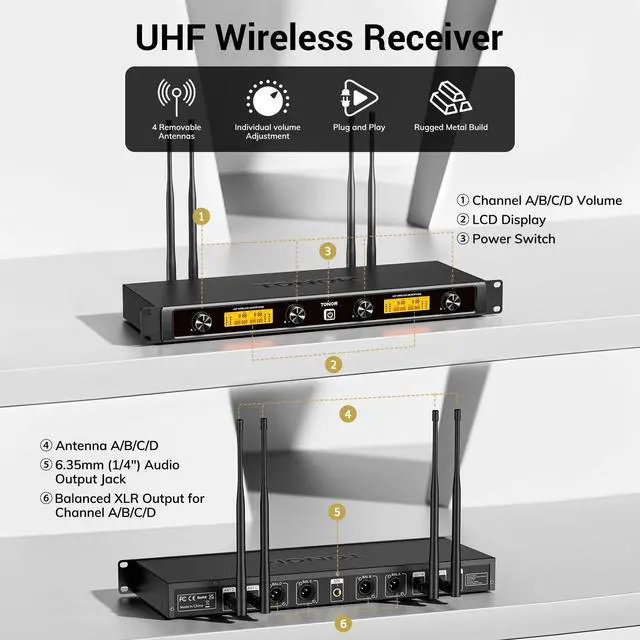 Alt view image 3 of 7 - Wireless Microphones System, 4*10 Channel Metal Professional UHF Cordless Dynamic Handheld Mics with Receiver for Home Karaoke, Meeting, Party, Church, Wedding,KTV, 90 m/295ft, TW-840 Silver&Red