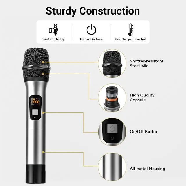 Alt view image 6 of 7 - Wireless Microphones System, 4x10 Channel UHF Wireless Mic, 4 Handheld Adjustable Frequency Metal Cordless Dynamic Mic, Multiset Operation, 90 m Ideal for Karaoke Singing Wedding Church, Silver