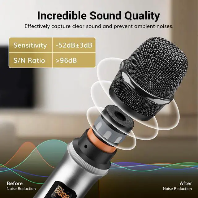 Alt view image 2 of 7 - Wireless Microphones System, 4x10 Channel UHF Wireless Mic, 4 Handheld Adjustable Frequency Metal Cordless Dynamic Mic, Multiset Operation, 90 m Ideal for Karaoke Singing Wedding Church, Silver