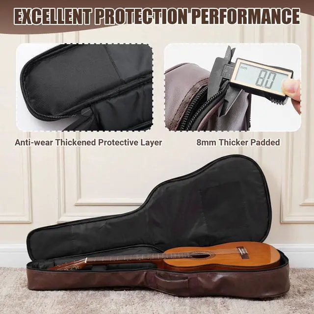 Alt view image 5 of 6 - Guitar Case Acoustic Bag Extra 0.8 in Thick Padding 40 41 42 in Guitar Waterproof PU Leather Hard Case Adjustable Shoulder Strap Sponge Hardshell Guitars Gig Bag 3 Layer Easy Clean, Brown