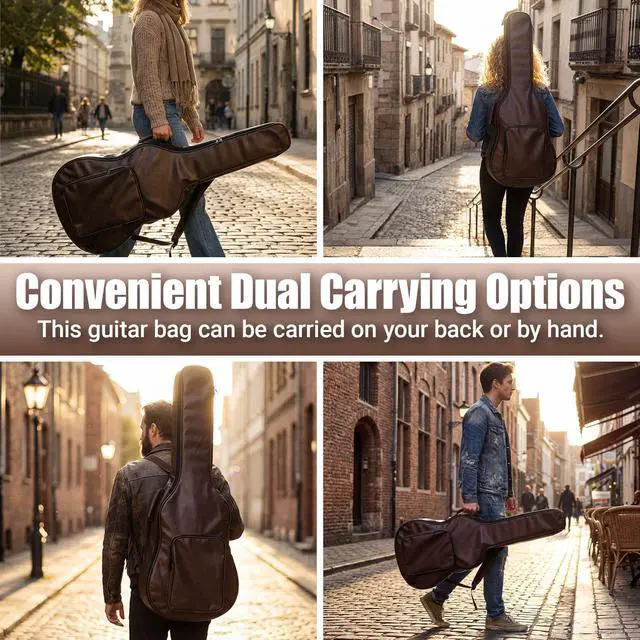 Alt view image 6 of 6 - Guitar Case Acoustic Bag Extra 0.8 in Thick Padding 40 41 42 in Guitar Waterproof PU Leather Hard Case Adjustable Shoulder Strap Sponge Hardshell Guitars Gig Bag 3 Layer Easy Clean, Brown
