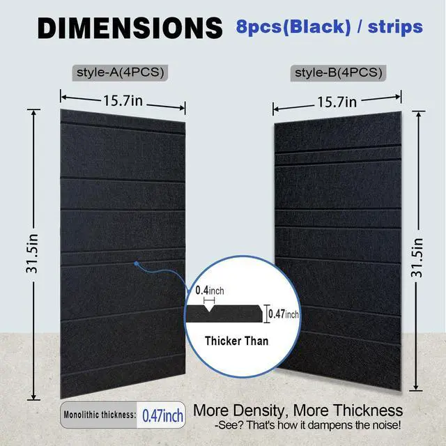 Alt view image 3 of 7 - Acoustic Wall Panels 8 Pack 31.75"x15.75" Thick Black Striped Groove Sound Proof Panels for Walls, Decorative High-Density Soundproofing Panels for Home, Studio, and Office Acoustic Treatment