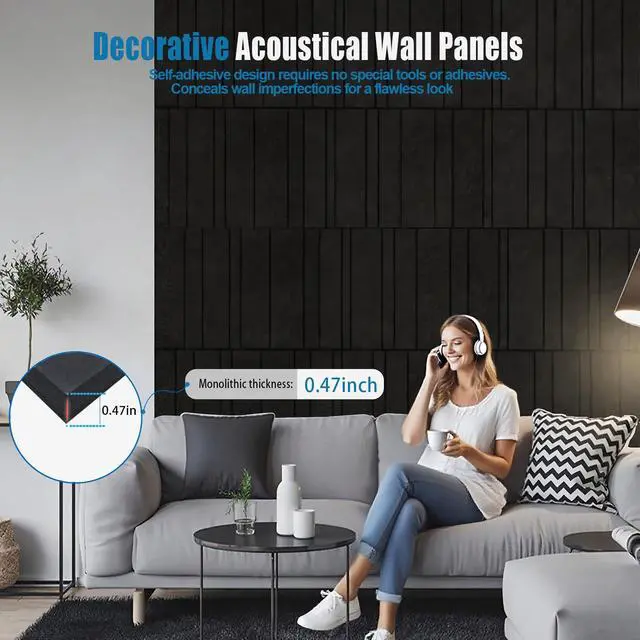 Alt view image 2 of 7 - Acoustic Wall Panels 8 Pack 31.75"x15.75" Thick Black Striped Groove Sound Proof Panels for Walls, Decorative High-Density Soundproofing Panels for Home, Studio, and Office Acoustic Treatment