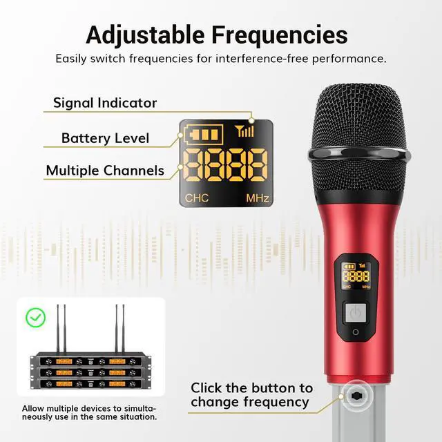 Alt view image 5 of 7 - Wireless Microphones System, 4*10 Channel Metal Professional UHF Cordless Dynamic Handheld Mics with Receiver for Home Karaoke, Meeting, Party, Church, Wedding,KTV, 90 m/295ft, TW-840 Silver&Red