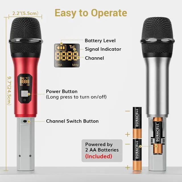 Alt view image 7 of 7 - Wireless Microphones System, 4*10 Channel Metal Professional UHF Cordless Dynamic Handheld Mics with Receiver for Home Karaoke, Meeting, Party, Church, Wedding,KTV, 90 m/295ft, TW-840 Silver&Red