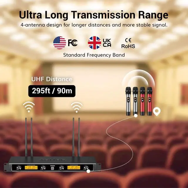Alt view image 4 of 7 - Wireless Microphones System, 4*10 Channel Metal Professional UHF Cordless Dynamic Handheld Mics with Receiver for Home Karaoke, Meeting, Party, Church, Wedding,KTV, 90 m/295ft, TW-840 Silver&Red