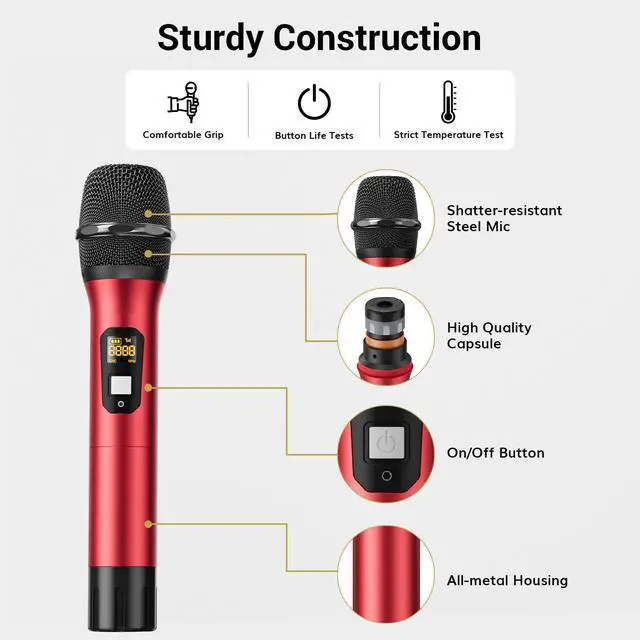 Alt view image 6 of 7 - Wireless Microphones System, 4*10 Channel Metal Professional UHF Cordless Dynamic Handheld Mics with Receiver for Home Karaoke, Meeting, Party, Church, Wedding,KTV, 90 m/295ft, TW-840 Silver&Red