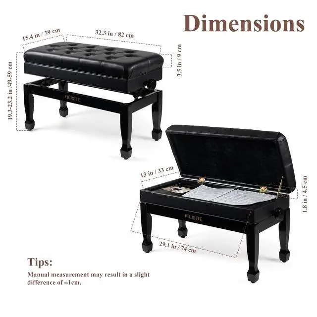 Alt view image 3 of 7 - Adjustable Duet Piano Bench with Storage, Heavy Duty Solid Wood Double Piano Stool Keyboard Bench Seat with PU Leather Padded Cushion (Black)