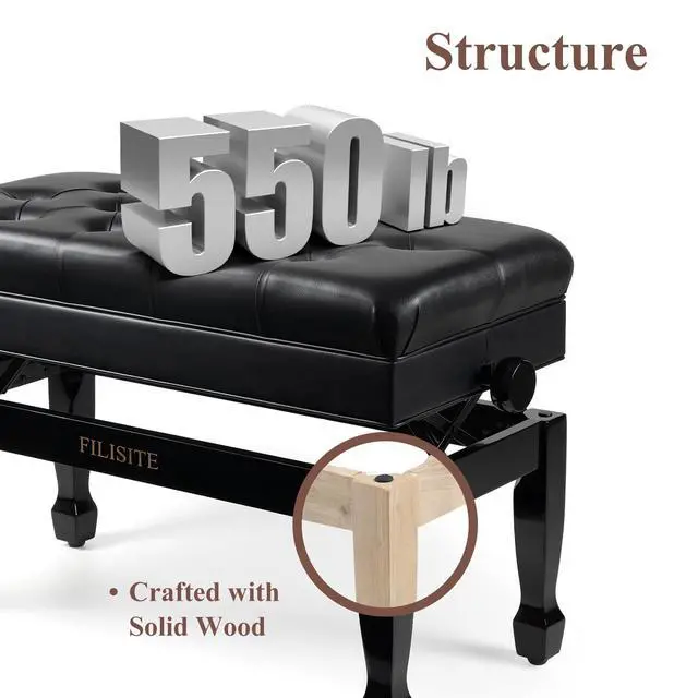 Alt view image 5 of 7 - Adjustable Duet Piano Bench with Storage, Heavy Duty Solid Wood Double Piano Stool Keyboard Bench Seat with PU Leather Padded Cushion (Black)