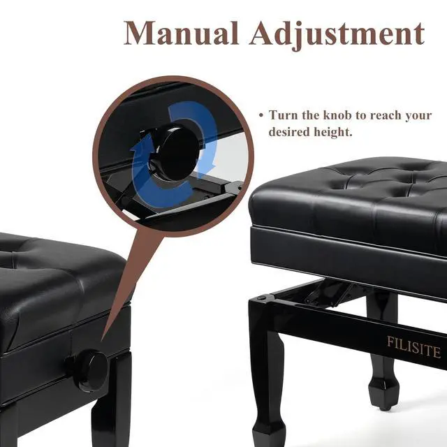 Alt view image 4 of 7 - Adjustable Duet Piano Bench with Storage, Heavy Duty Solid Wood Double Piano Stool Keyboard Bench Seat with PU Leather Padded Cushion (Black)