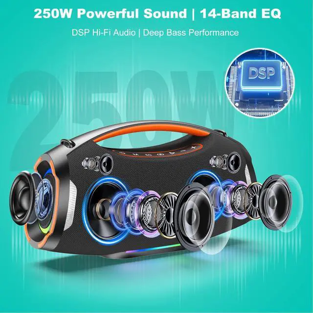Alt view image 2 of 7 - Portable Bluetooth Speaker with 2 Wireless Mics, 250W Peak Booming Bass, IP55 Waterproof Dustproof, TWS Pairing, RGB Lights, 6.5H Continuous Use / 20H Music, Outdoor Party Speaker, Ideal Gifts