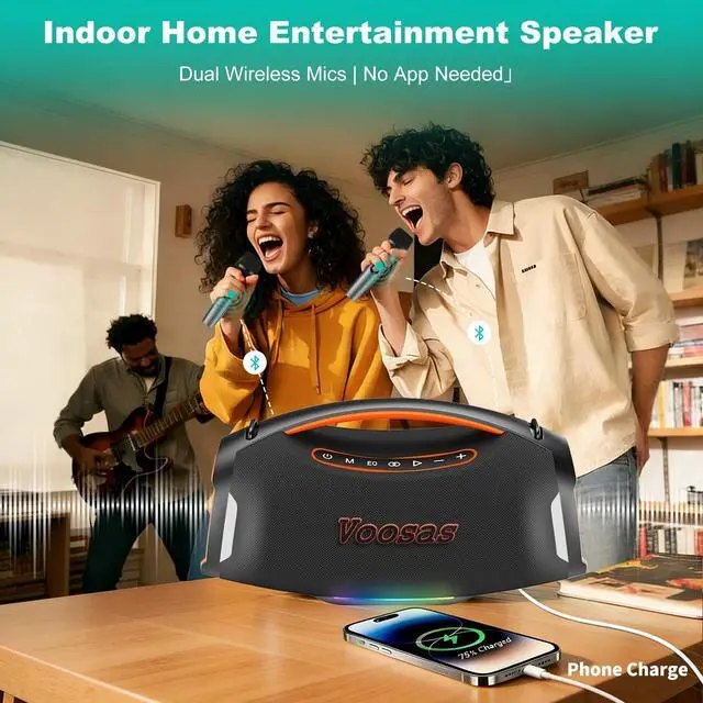Alt view image 3 of 7 - Portable Bluetooth Speaker with 2 Wireless Mics, 250W Peak Booming Bass, IP55 Waterproof Dustproof, TWS Pairing, RGB Lights, 6.5H Continuous Use / 20H Music, Outdoor Party Speaker, Ideal Gifts