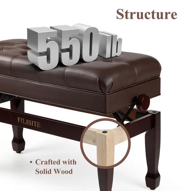 Alt view image 5 of 7 - Adjustable Duet Piano Bench with Storage, Heavy Duty Solid Wood Double Piano Stool Keyboard Bench Seat with PU Leather Padded Cushion (Brown)
