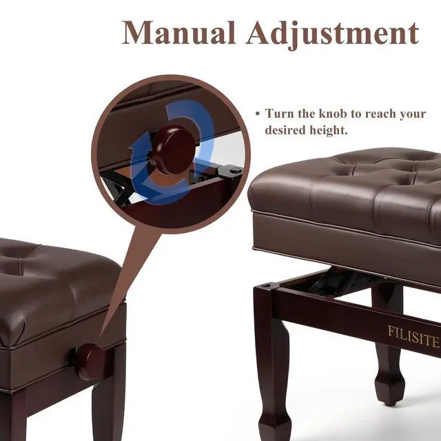 Alt view image 4 of 7 - Adjustable Duet Piano Bench with Storage, Heavy Duty Solid Wood Double Piano Stool Keyboard Bench Seat with PU Leather Padded Cushion (Brown)