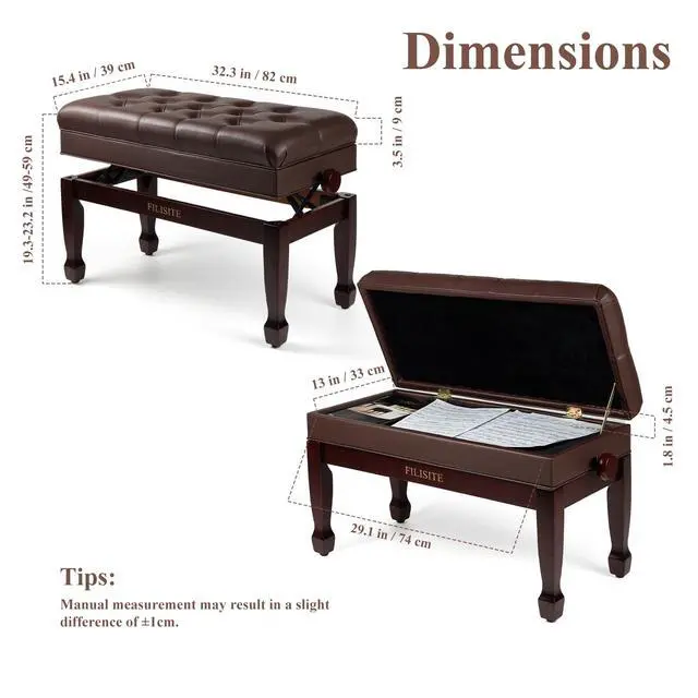 Alt view image 3 of 7 - Adjustable Duet Piano Bench with Storage, Heavy Duty Solid Wood Double Piano Stool Keyboard Bench Seat with PU Leather Padded Cushion (Brown)