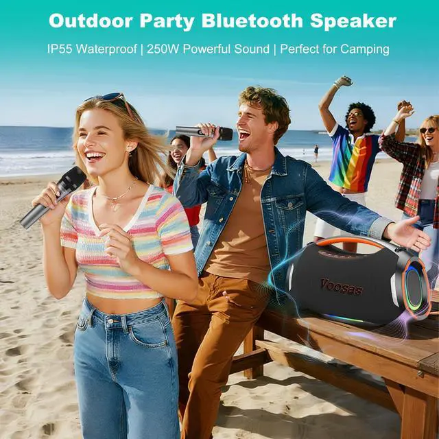 Alt view image 5 of 7 - Portable Bluetooth Speaker with 2 Wireless Mics, 250W Peak Booming Bass, IP55 Waterproof Dustproof, TWS Pairing, RGB Lights, 6.5H Continuous Use / 20H Music, Outdoor Party Speaker, Ideal Gifts