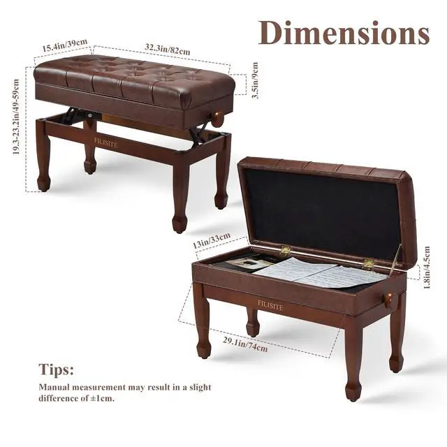 Alt view image 3 of 7 - Adjustable Duet Piano Bench with Storage, Heavy Duty Solid Wood Double Piano Stool Keyboard Bench Seat with PU Leather Padded Cushion (Wood)