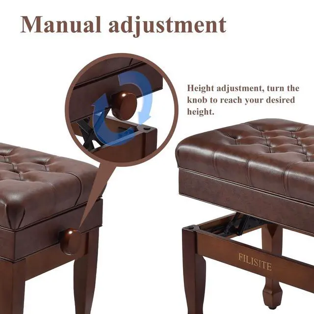 Alt view image 4 of 7 - Adjustable Duet Piano Bench with Storage, Heavy Duty Solid Wood Double Piano Stool Keyboard Bench Seat with PU Leather Padded Cushion (Wood)