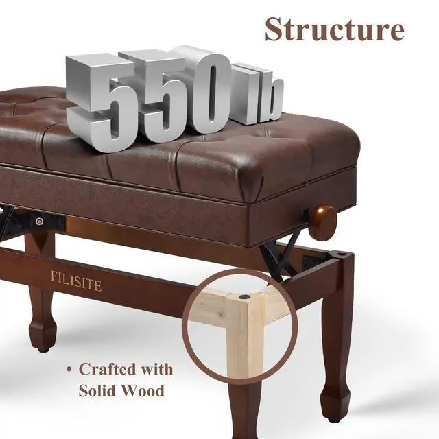 Alt view image 5 of 7 - Adjustable Duet Piano Bench with Storage, Heavy Duty Solid Wood Double Piano Stool Keyboard Bench Seat with PU Leather Padded Cushion (Wood)