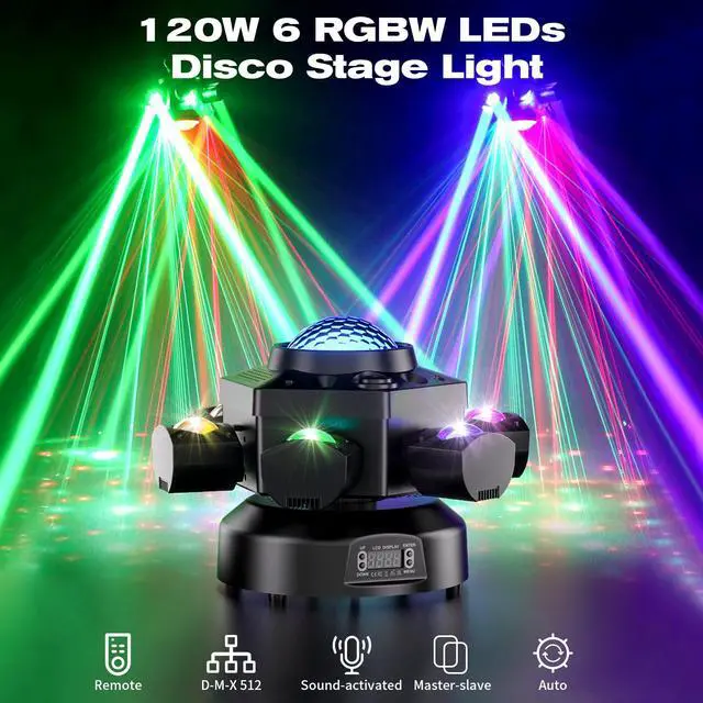 Alt view image 2 of 7 - 6-Arm Moving Head DJ Lights, 120W RGBW 4-in-1 Stage Lights with Kaleidoscope Magic Ball Effect, Starry Laser Effects, White/Golden Strobe, 540° Rotation, DMX512 Sound Activated Remote for Disco DJ Bar