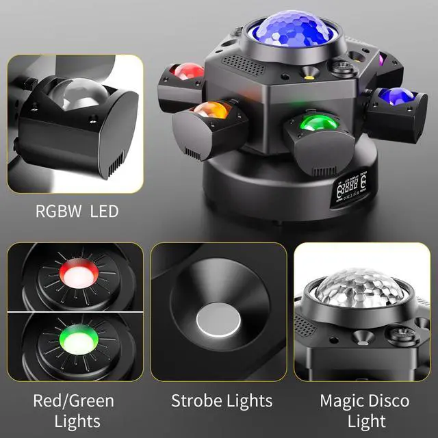 Alt view image 5 of 7 - 6-Arm Moving Head DJ Lights, 120W RGBW 4-in-1 Stage Lights with Kaleidoscope Magic Ball Effect, Starry Laser Effects, White/Golden Strobe, 540° Rotation, DMX512 Sound Activated Remote for Disco DJ Bar