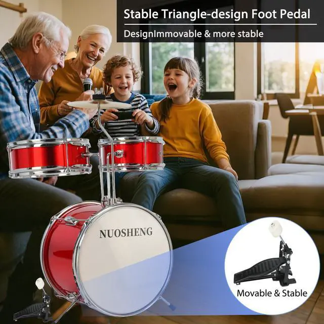 Alt view image 3 of 7 - 3-Piece 13 Inch Kids Drum Set, Beginner Junior Drum Kit with Adjustable Throne Cymbal Pedal Wooden Drumsticks, Poplar Hardwood Educational Musical Toy Gift for Boys Girls 3-9 Years Old