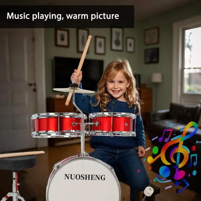 Alt view image 4 of 7 - 3-Piece 13 Inch Kids Drum Set, Beginner Junior Drum Kit with Adjustable Throne Cymbal Pedal Wooden Drumsticks, Poplar Hardwood Educational Musical Toy Gift for Boys Girls 3-9 Years Old