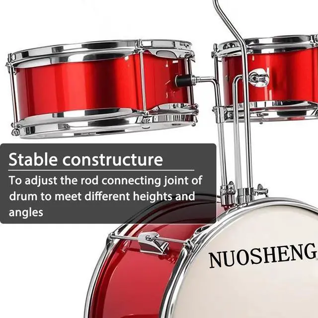 Alt view image 5 of 7 - 3-Piece 13 Inch Kids Drum Set, Beginner Junior Drum Kit with Adjustable Throne Cymbal Pedal Wooden Drumsticks, Poplar Hardwood Educational Musical Toy Gift for Boys Girls 3-9 Years Old