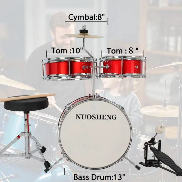 Alt view image 6 of 7 - 3-Piece 13 Inch Kids Drum Set, Beginner Junior Drum Kit with Adjustable Throne Cymbal Pedal Wooden Drumsticks, Poplar Hardwood Educational Musical Toy Gift for Boys Girls 3-9 Years Old