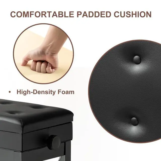 Alt view image 6 of 7 - Adjustable Height Piano Bench Stool PU Leather Cushion Wooden Keyboard Seat with Music Storage (Black)