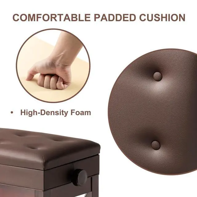 Alt view image 6 of 7 - Adjustable Height Piano Bench Stool PU Leather Cushion Wooden Keyboard Seat with Music Storage (Brown)