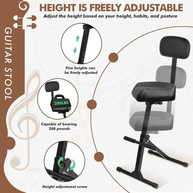 Alt view image 3 of 7 - Saddle Guitar Stool with Back Support and Guitar Hanger, Height Adjustable Saddle Seat, Musician Stool Guitarist Throne Guitar Chair, Black