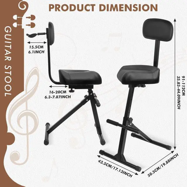 Alt view image 2 of 7 - Saddle Guitar Stool with Back Support and Guitar Hanger, Height Adjustable Saddle Seat, Musician Stool Guitarist Throne Guitar Chair, Black