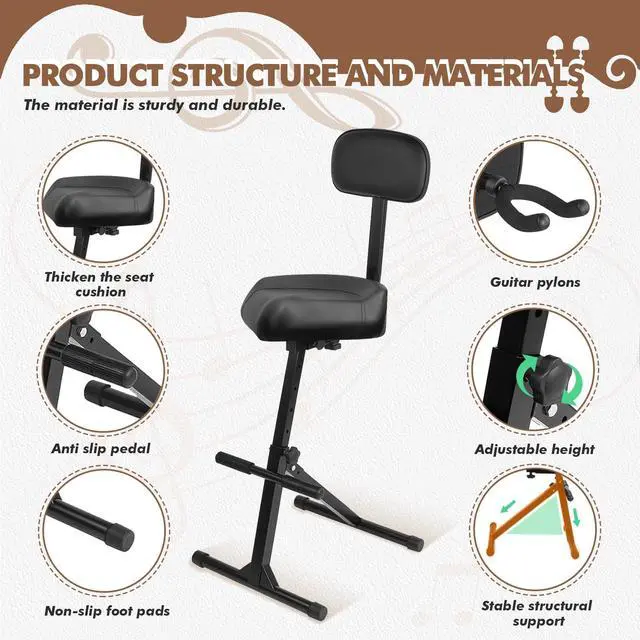 Alt view image 4 of 7 - Saddle Guitar Stool with Back Support and Guitar Hanger, Height Adjustable Saddle Seat, Musician Stool Guitarist Throne Guitar Chair, Black