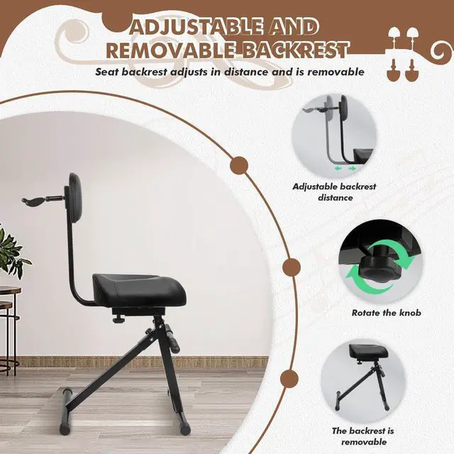 Alt view image 6 of 7 - Saddle Guitar Stool with Back Support and Guitar Hanger, Height Adjustable Saddle Seat, Musician Stool Guitarist Throne Guitar Chair, Black