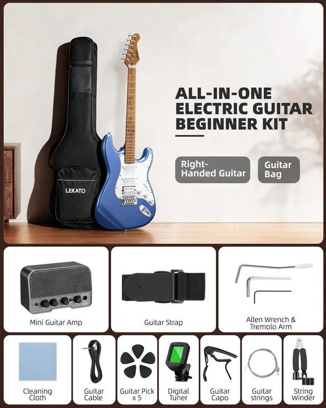 Alt view image 2 of 7 - Electric Guitar Kit Beginner 39 Inch Full Size Solid Body Guitar HSS for Starter Roasted Maple Neck Fretboard Stainless Steel Frets, 5W Mini Amp, Bag, Tuner, Capo, Strap, String, Picks- Blue