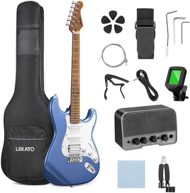 Main image of Electric Guitar Kit Beginner 39 Inch Full Size Solid Body Guitar HSS for Starter Roasted Maple Neck Fretboard Stainless Steel Frets, 5W Mini Amp, Bag, Tuner, Capo, Strap, String, Picks- Blue