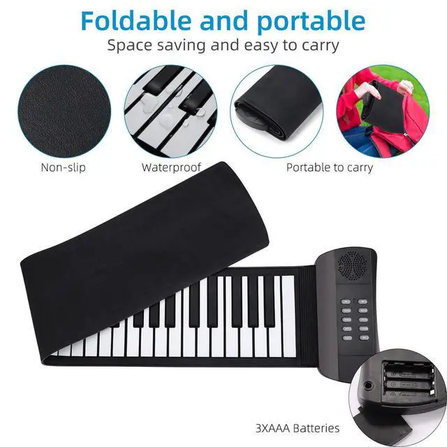 Alt view image 5 of 7 - Roll Up Piano, Portable Silicone Keyboard Perfect for Beginners, Safe Material, Headphone Jack for Quiet Practice, 16 Tones & Record Function, Foldable for Travel (Black)