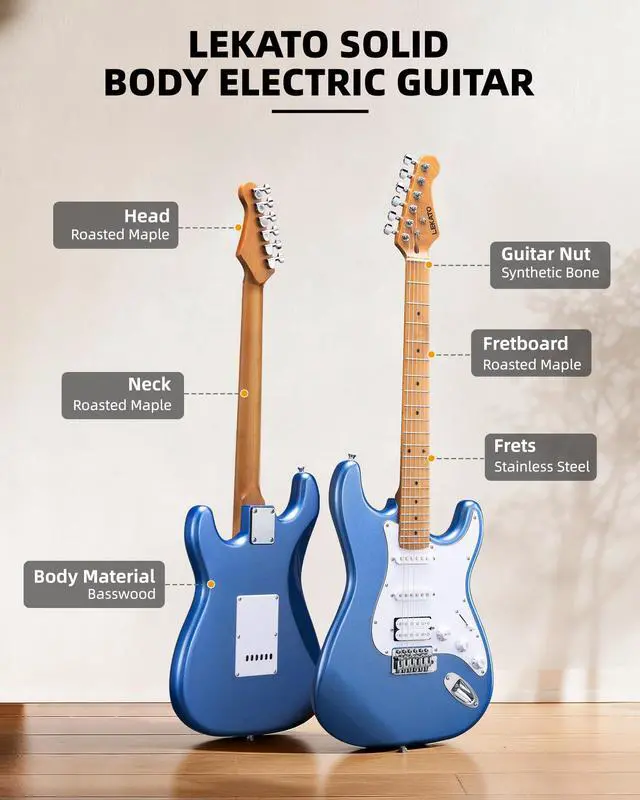 Alt view image 3 of 7 - Electric Guitar Kit Beginner 39 Inch Full Size Solid Body Guitar HSS for Starter Roasted Maple Neck Fretboard Stainless Steel Frets, 5W Mini Amp, Bag, Tuner, Capo, Strap, String, Picks- Blue